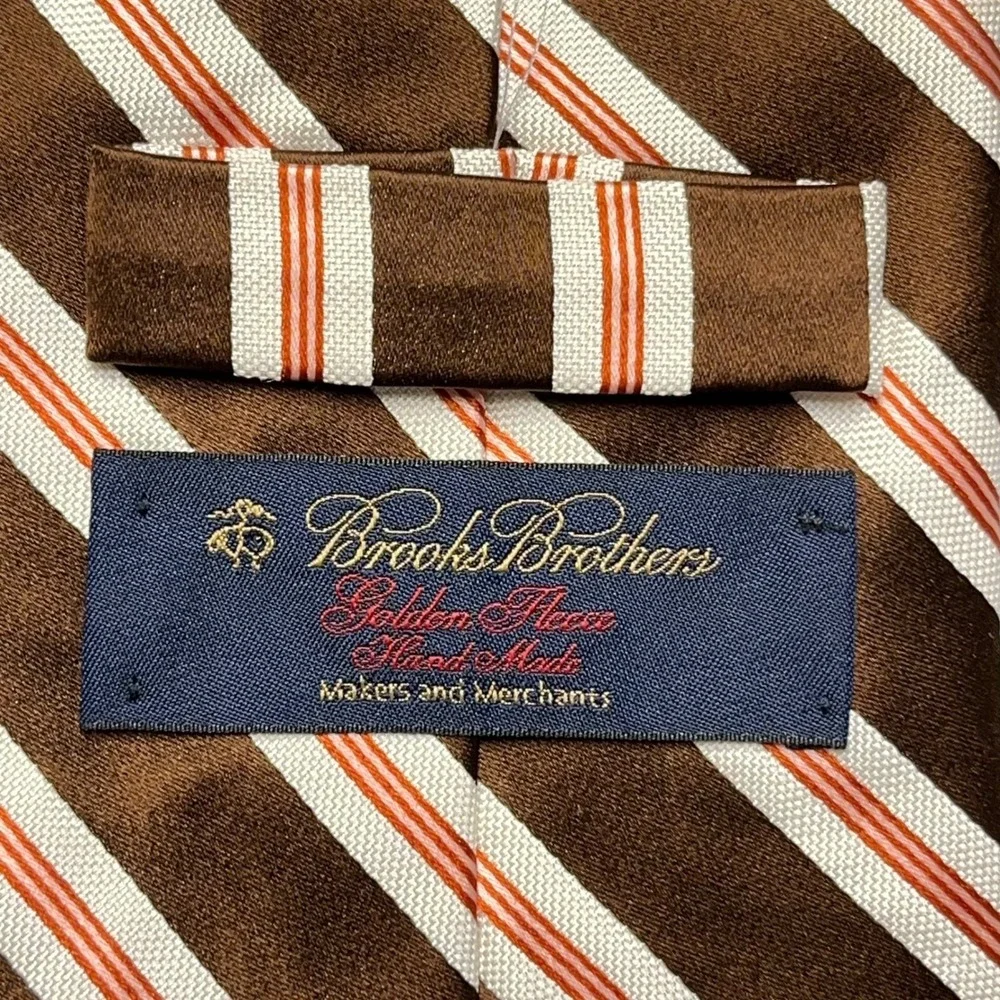 Brooks‎ Brothers Golden shiny Silk Tie Brown White Orange Striped Handmade USA